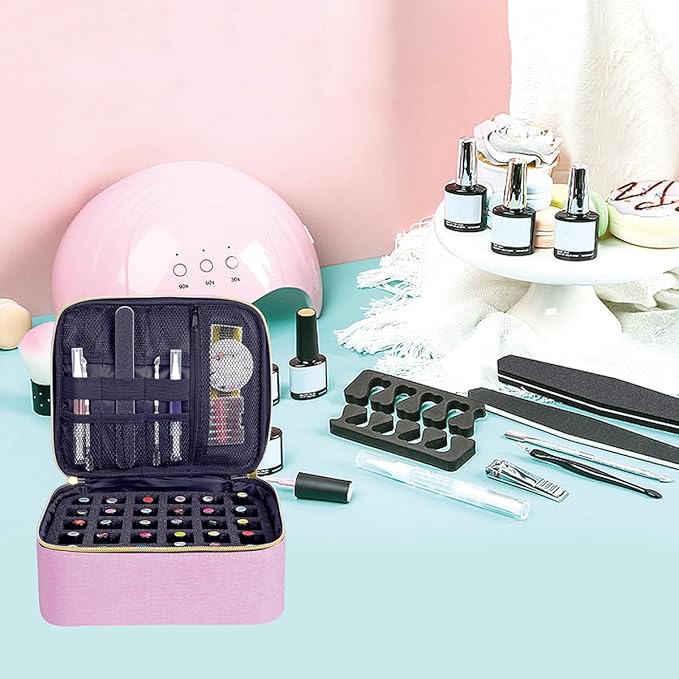 Nail Polish Organizer, Handheld Double Layer Organizer Holds 30 Bottles (15 ml/0.5 floz) with Adjustable Dividers for Nail Polish Small Manicure Lamp Manicure Tools Essential and Travel,Pink Gold