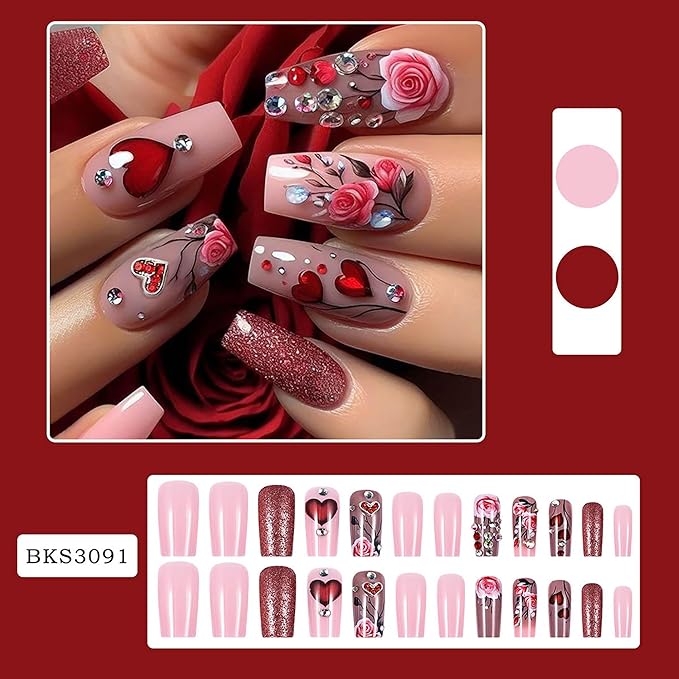 Coffin Press on Nails Medium Length Fake Nails Glitter Nails Press Ons Valentines Day Acrylic Nails With Cute Heart and Flower Design Glue on Nails Square Full Cover Artificial Nails for Women 24Pcs