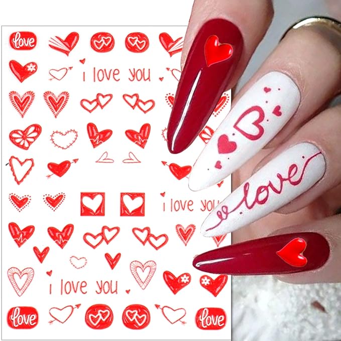 4 Sheets Valentine's Day Nail Art Sticker Decals, 5D Heart Embossed Self-Adhesive Nail Art Decoration Supplies Accessories for Women Girl