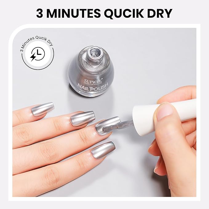 Silver Metallic Nail Polish Quick Dry Mirror Nail Polish Non Gel High Glossy Nail Lacquer Air Dry Chrome Nails Polishes Oil-based Holo Fingernail and Toenail