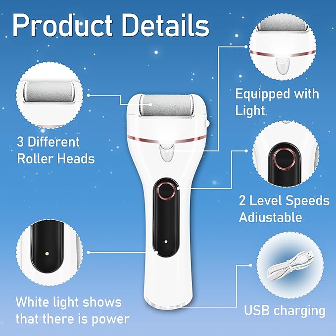 Callus Remover for Feet, Electric Foot Callus Remover Waterproof with 3 Rollers 2 Speed Battery Display,17 in1 Rechargeable Foot File Pedicure Kits for Dead Hard Cracked Dry Skin（White
