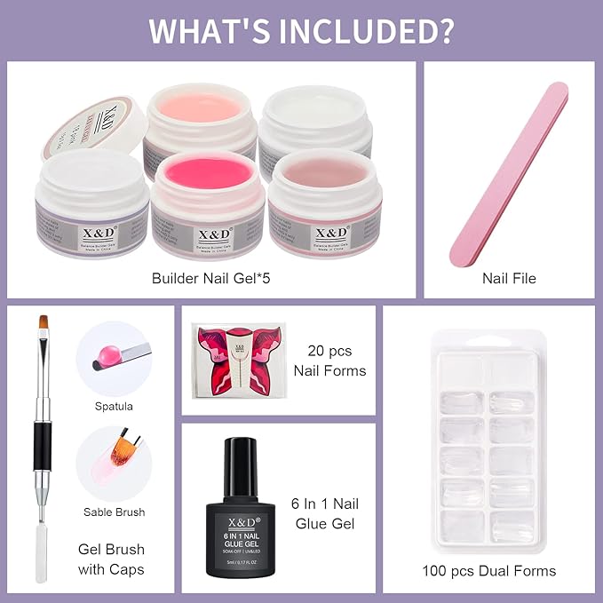 X&D Poly Gel Nail Kit 5 Colors Natural Clear Poly Nail Gel Kit Nail Extension Builder Nail Gel with Nail Glue Gel,Dual Forms, Nail Forms, Brush, File Set