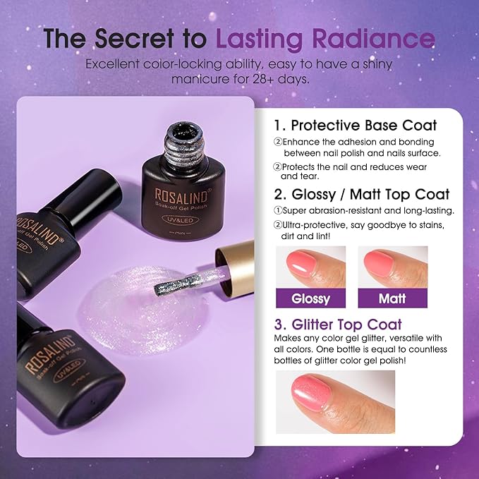 ROSALIND 24PCS Cat Eye Gel Nail Polish Set with Glitter Glossy Matte Top Coat Base Coat, Color Changing Glitter Shinny Effect Magic Gel Polish Set Soak Off Nail Gel Polish Nail Art