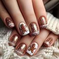 Christmas Press on Nails Short Square Fake Nail with Gingerbread Man Designs Brown Xmas False Nails Glossy Full Cover Winter Stick on Nail for Women 24 Pcs