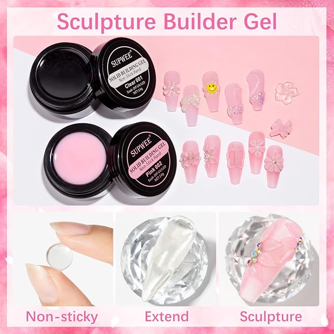 Solid Builder Gel for Nail Extension Clear Pink Non-Stick Hand Sculpture Hard Gel with Dual Form Flower Effect for Home DIY Manicure Set Lamp Cure Require 2 Colors 14g(0.49oz)