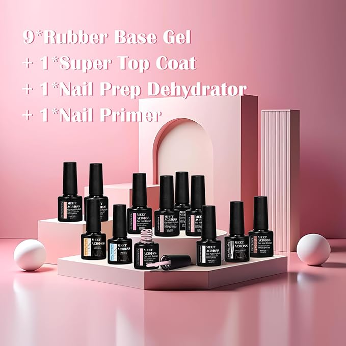 MEET ACROSS Color Base Gel For Nails 12 Pcs, Builder Base Nail Gel Aesthetic Nude Pink Rubber Base Gel Polish with Super Top Coat, Prep Dehydrator and Nail Primer Base Gel Strengthener Gel All-in-1