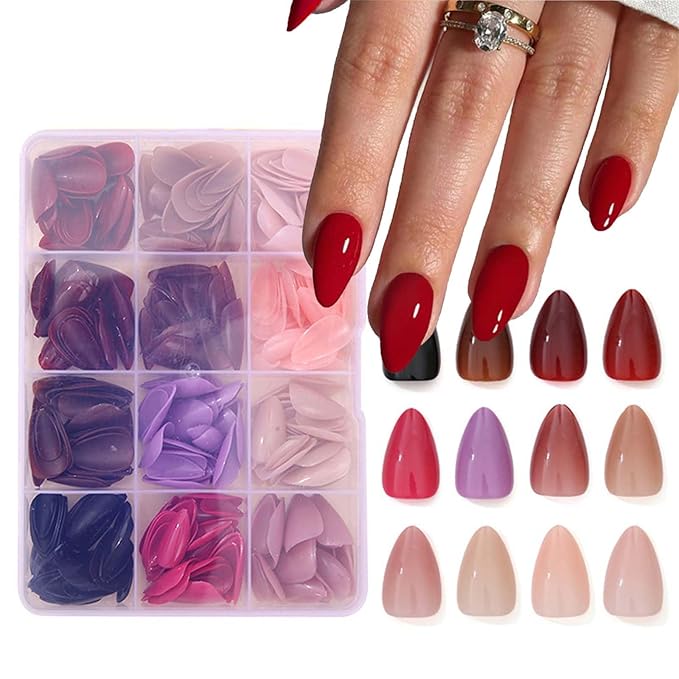 12Packs 360Pcs Almond Nail Tips Short Almond Press on Nails Solid Color False Nail Tips Glossy Acrylic Fake Nails Press on Pure Nail Art for Women Girls Daily Wear Manicure 15 Size - 12 Colors