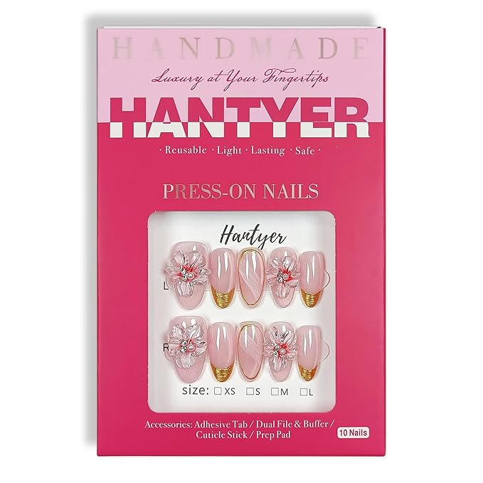 Press on Nails, Medium Oval Fake Nails, Pink Cat Eye Base & Gold French Tips, 3D Cherry Blossoms & Icy Pink Jelly Finish, Reusable Gel Nails Sweet & Elegant Style for Women(Size S)