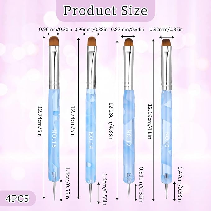 4pcs French Gel Nail Art Brush Acrylic Two Way Nail Art Brush with Dotting Professional Manicure Tool for Manicure Cuticle Clean up Detailed Designs Nails Dotting Pen (10#, 12#, 14#, 16#)