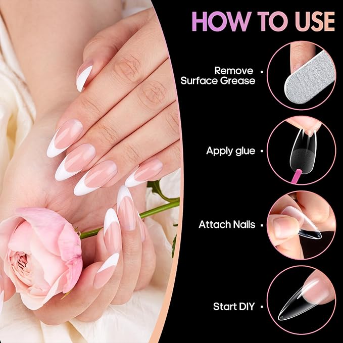 Ranrose Almond Nail Tips 240pcs Half Matte Full Cover False Nail Soft Gel Acrylic Nails Extension Tips 12 Sizes Press on Nails Home Salon DIY Gift for Women