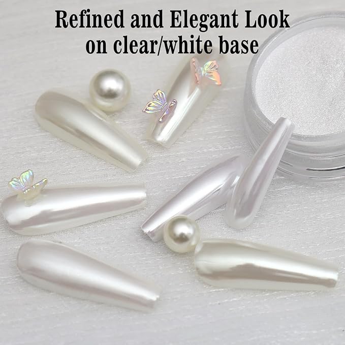 Allstarry Pearl Chrome Nail Powder, Iridescent Aurora White Chrome Nail Powder Metallic Mirror Effect White Glitter Clear Nail Chrome Powder for Nails Pearls Nail Accessories for Nail Art Salon DIY
