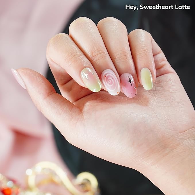 Heyhae Semi Cured Gel Nail Strips | No LED Lamp Needed | Fall, Glam, Pink | Easy Apply & Remove, Salon Quality | Includes 28 Strips, 1 Prep Pads, Nail File & Wooden stick - Hey, Sweetheart Latte