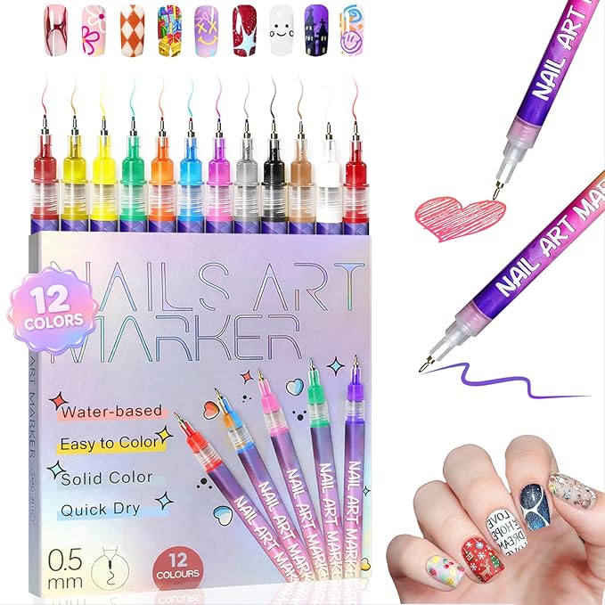 12 Colors Nail Art Pens Set, 2026 New Nail Art Markers with 0.5mm Fine Tip, Waterproof & Quick-Drying Nail Art Pens for Painting Nails, DIY 3D Nail Art Design, Portable Nail Tools for Home Salon