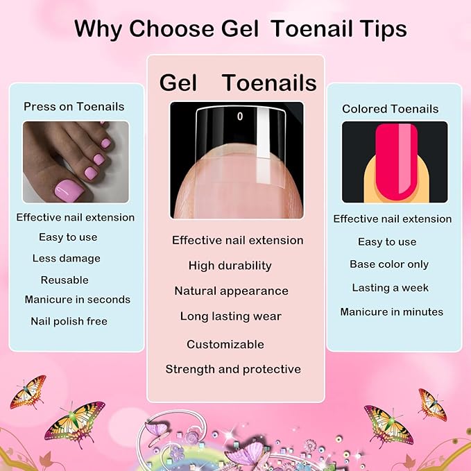 LoveOurHome 600pc Clear Fake Toenails Gel Toe Nail Tips Acrylic Toenail Tips Short Square Soft Gel Toes Nail Tips Half Cover False Toenails for Acrylic Toe Nails Extension Press ons