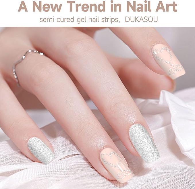 Semi Cured Gel Nail Strips,28 Pcs Gel Nail Stickers Wraps (Glitter Heart),Long Lasting Polish Strips with UV Light, Easy to Apply