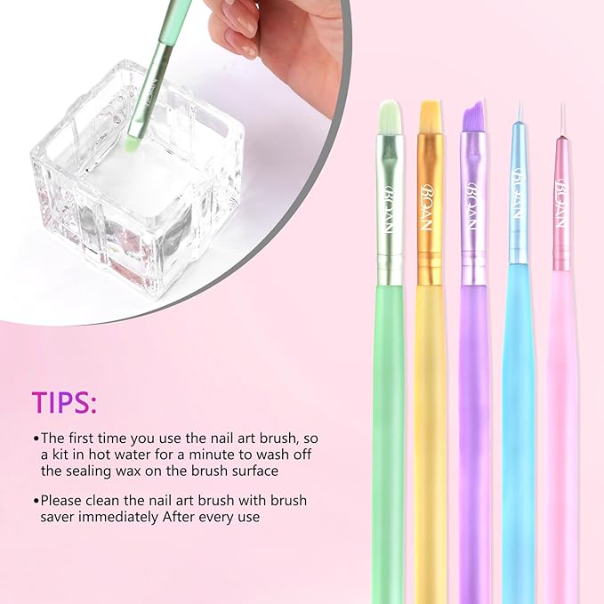 BQAN Nail Art Brushes Set，5pcs Nail Brushes for Nail Art with Flat, Round, French Gel Brushes & 2 Liner Brushes，Nails Design Tools for Home DIY or Professional Salon Use