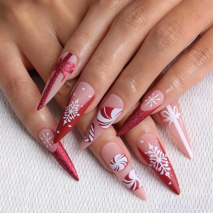 24pcs Red Long Almond French Tips Press On Nails with Snowflakes, Candies and Bows for Themed Costumes, Reusable Nail Kit with Nail Adhesive Tabs Mini Nail File, 12 Sizes (Red Candy)