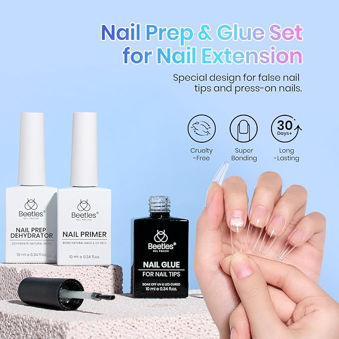 Beetles 9 In 1 Gel Nail Glue Nail Dehydrator and Primer, Professional Nails Prep Acid-Free Hema-Free Dehydrate Bond Primer for Press On Nails Tips Extension Gifts for Her