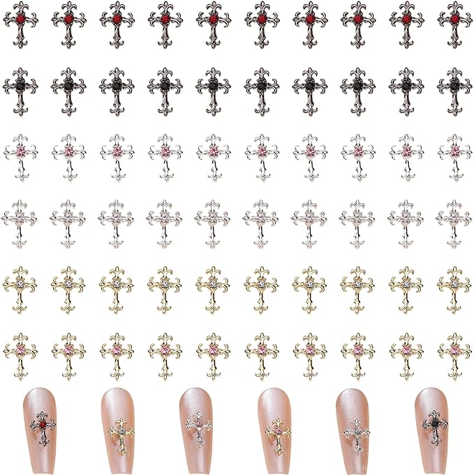 3D Cross Nail Charms, 60 Pcs Gold Silver Crystal Cross Nail Decorations for Nail Art, Metal Nail Rhinestones Cross Charms for DIY Design and Jewelry Making (60pcs Gold + Silver)