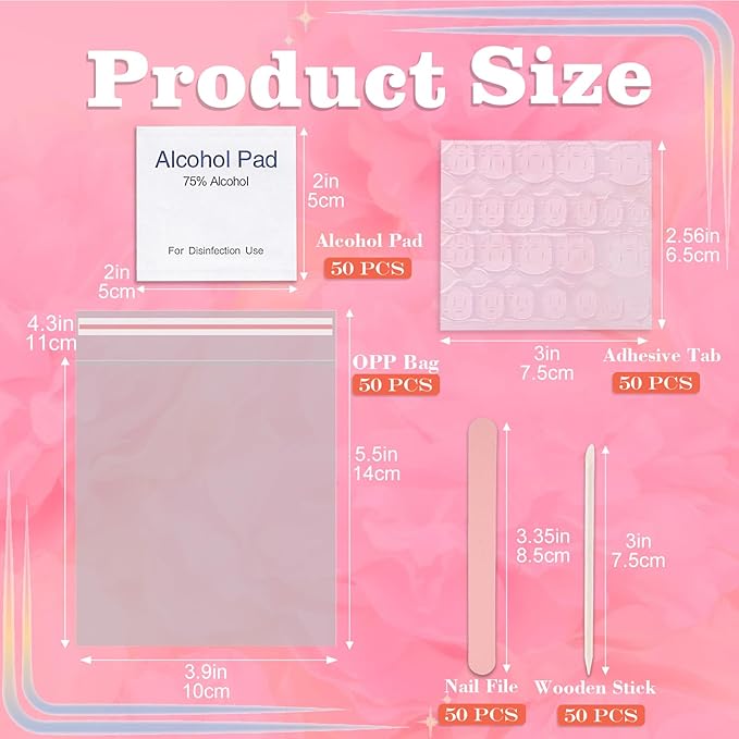 50 Set Disposable Press on Nail Tool Kit, Including 50pcs Nail File, 50pcs Adhesive Nail Tabs, 50pcs Prep Pad, 50pcs Wood Stick, 50pcs OPP Bag, Manicure Nail Prep Kit for Salon Home (50pcs-B-Pink)