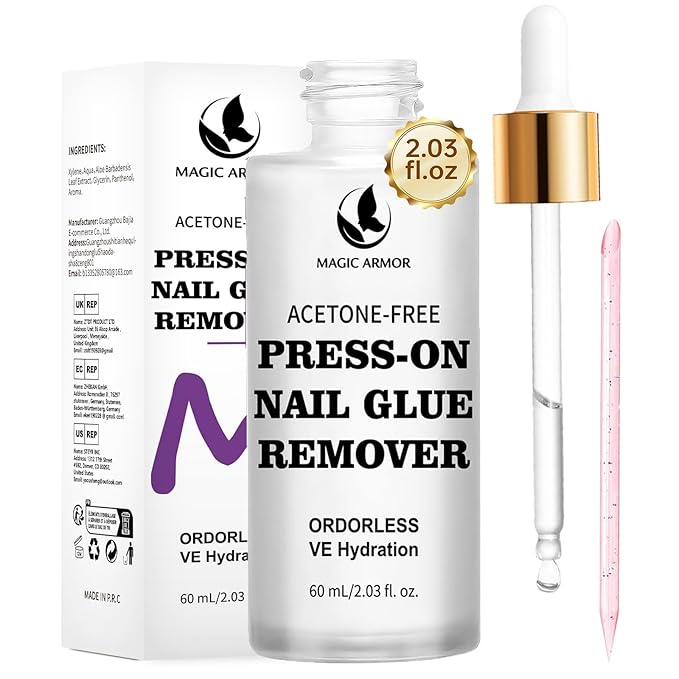 60ML Press On Nail Glue Remover - Acetone-Free Odorless Fake Nail Remover with Crystal Stick, Soft Painless Removal for Nail Tips & Rhinestone Adhesive