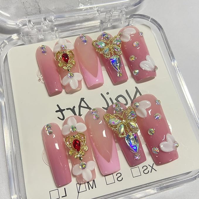 Handmade Press on Nails Flower Press on Nails Pink French False Nail 3D Rhinestones Butterfly Designs Long Coffin Fake Nails Full Cover False Nails Acrylic Nails for Women Art Manicure (Size S)