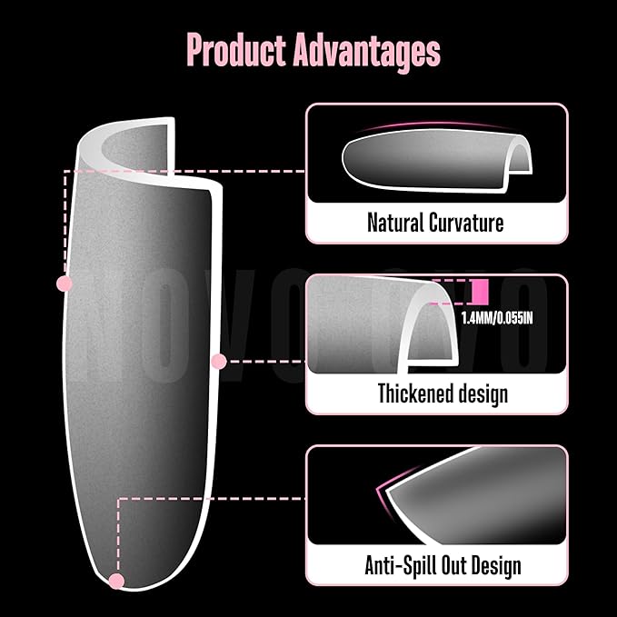 NOVO OVO Sharp Square Short Nail Tips Press on, Natural (Not Sculpted) No C Curve Soft Gel Double Matte Clear Fake Nail Extension, Full Cover False Nails for Salon DIY Manicure x 15 Sizes 240 pcs