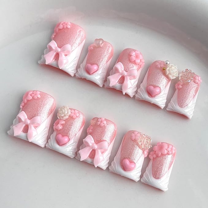 French Tip Press on Nails Handmade Short Duck 3D Floral Thick Acrylic Nails Cute False Nails with Bow Rose Flower Designs White Glossy Fake Nail Sturdy Art Press on Nail 10Pcs(S)