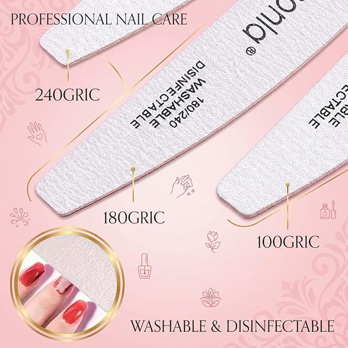 25pcs Professional Half Moon Nail Files Emery Board Set 100/180 Grit Dual-Grit Buffer Files for Natural & Acrylic Nails Tools Suit for Home Salon