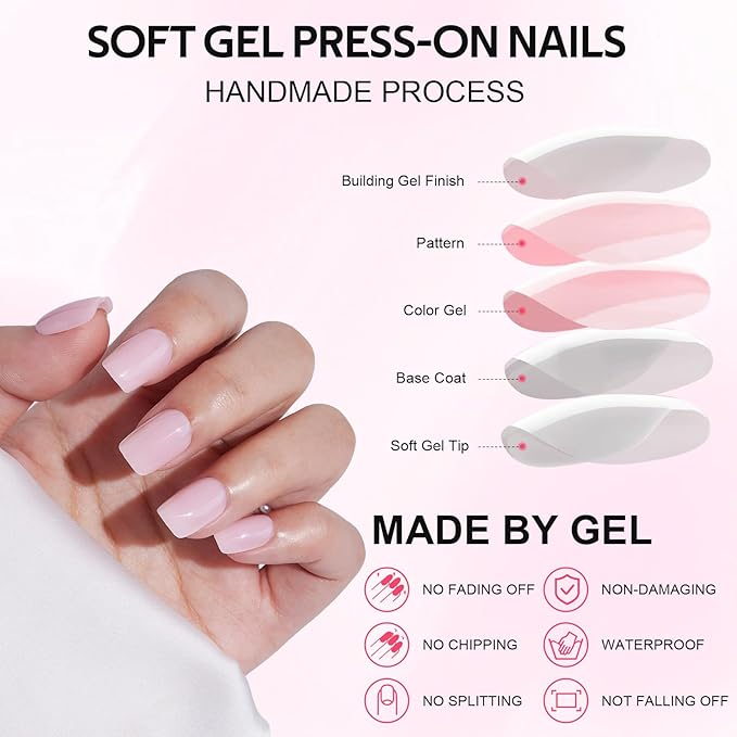 Press On Nails - Short Findigit Square Pink False Nails, Reusable Stick On Fake Nails with Glue Salon Quality 16 Sizes - 32 Nail Kits, Square Grace