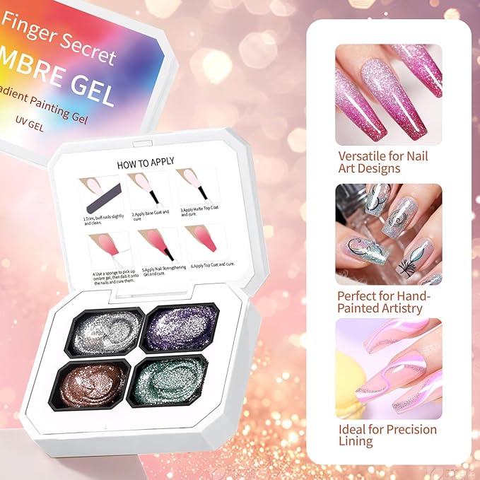 Finger Secret 4 Colors Set Ombre Gel Nail Polish,Pat Painting Gradient Blooming GelS Polish Palette with 20Pcs Nail Sponges for 3d Gel Nail Art can be Painted in Salon or Home Use (k8)