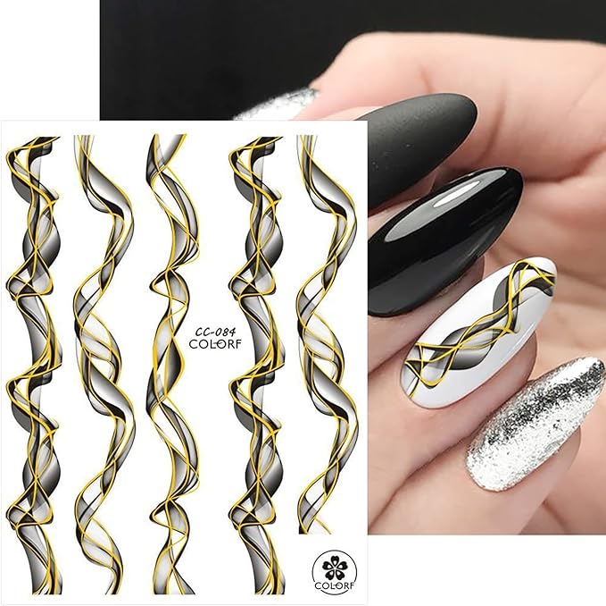 French Line Nail Art Stickers, 3D Gold Black Strip Line Nail Art Transfer Decals Designs, Marble Wave Nail Self-Adhesive Sticker Acrylic Supplies for Women Girls Manicure Decorations, DIY Nail Decal