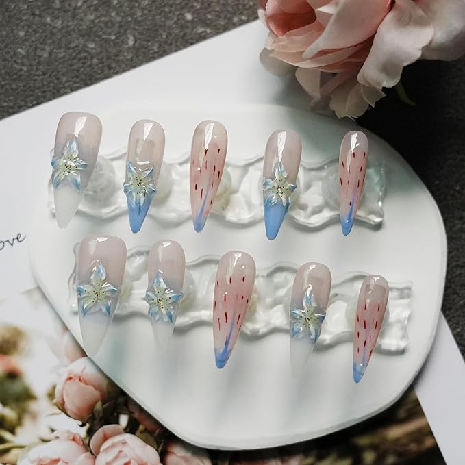 3D Floral Press On Nails Long Stiletto Fake Nails – Elegant Handmade Ombre Nail Art with Lilies Flowers Designs, Multi-Layer Gel Reusable Acrylic Nails for Women (3D Lily Ombre, S)