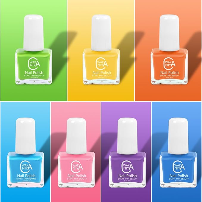 wakaniya Kids Nail Polish Set for Girls with Gems Nail Stickers, 7 Colors Non Toxic Safe Nail Polish Peel-Off Low Odor