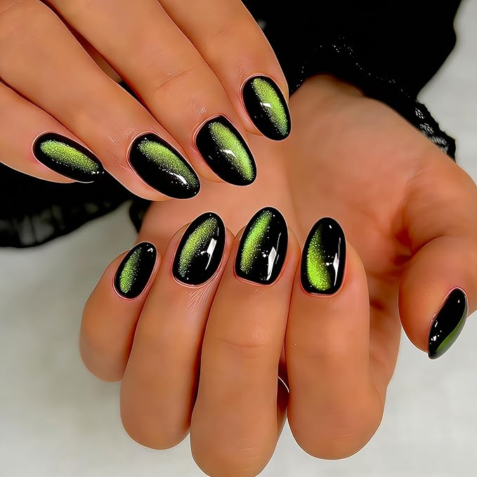 Cat Eye Press on Nails Short, Chrome Press on Nails Oval, Thick Glazed Black Neon Green Fake Nails Press ons for Women Party Prom, Reusable Glitter Glue On Nails Almond in 15 Sizes, 30 Pcs