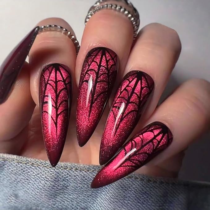 Halloween Press on Nails Long Stiletto Fake Nails KKUUOO Red False Nails with Spider Web Design Glossy Acrylic Nails Glitter Press on Nails for Women Girls Halloween Party Cosplay Manicure