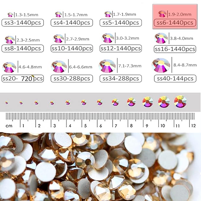 Dowarm 1440 Pieces SS6 Flatback Crystal Rhinestones for Craft Nails Dance Costumes, Flat Back Nail Crystals, Non Hotfix (SS6 / 2MM, Champagne/Golden Shadow)