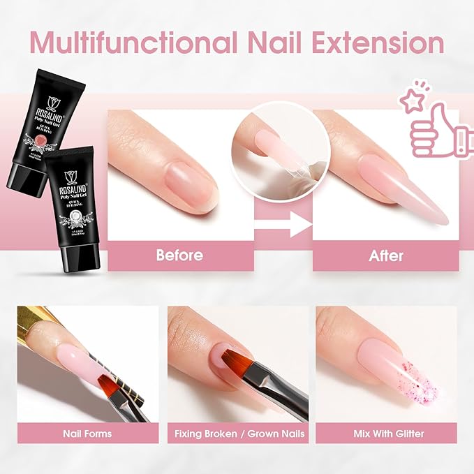 ROSALIND RosePink&White Poly Extension Gel for Nails, 2 PCS 1oz/30ml RosePink&White Poly Builder Pink for Gel Nail Extension