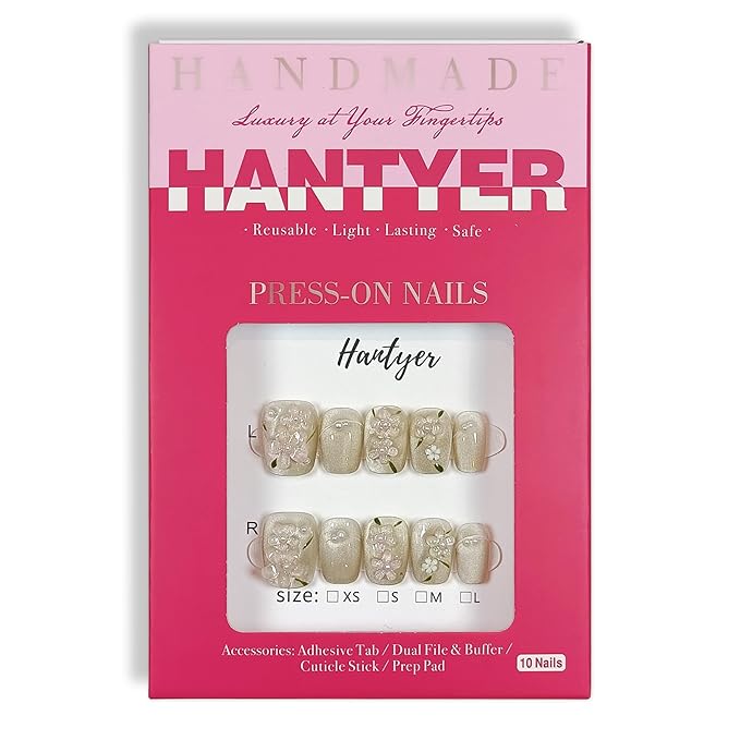 Press on Nails | Short Coffin Fake Nails with Cat Eye Design, 3D Floral & Pearl Accents, False Nails with Icy Tea Glossy Finish, Reusable Handmade Nails in Sweet Style for Women(Size XS)