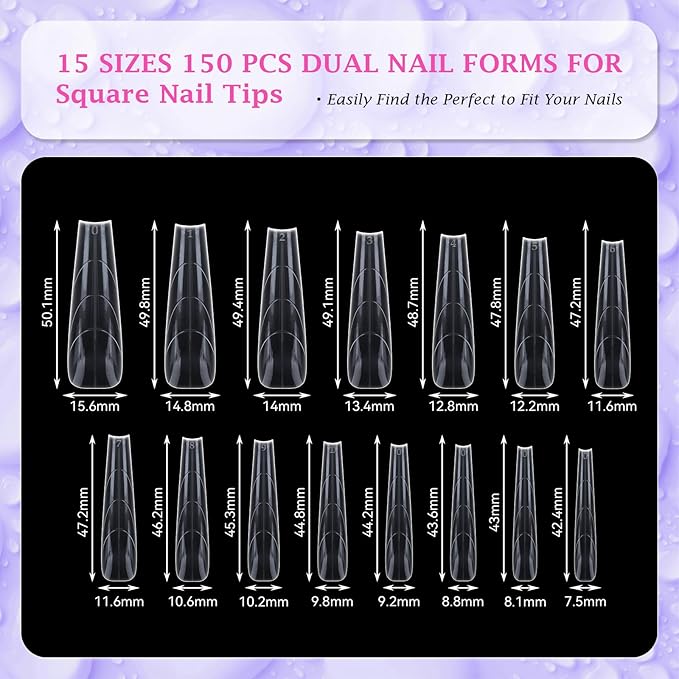 outopen 150pcs Long Straight Stiletto Coffin Nail Forms Thicken Clear Coffin Shape Nail Mold for Polygel Acrylic Extension Full Cover Fake Press On Nail Molds for Beginners DIY Manicure,15 Sizes