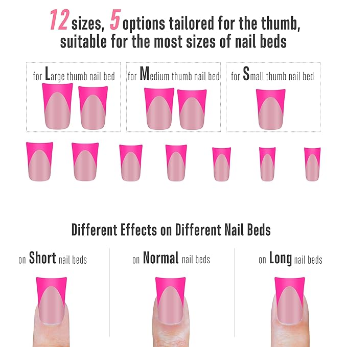 NOVO OVO French Tip Short Duck Nail Tips Press On 5 MIXED COLOR, Pre-designed Soft Gel Nail Extension, Pre-applied Tip Primer & Base Coat, Full Cover Acrylic False Nails for DIY x 12 Sizes 240 pcs
