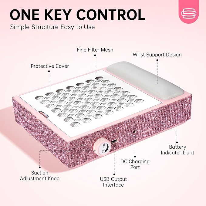 Nail Dust Collector, Cordless Dust Collector Nail Tech, Professional 550PA Vacuum Fan Vent Dust Extractor Quiet Dust Suction Machine for Acrylic Nails Polishing, Nail Salon&Home