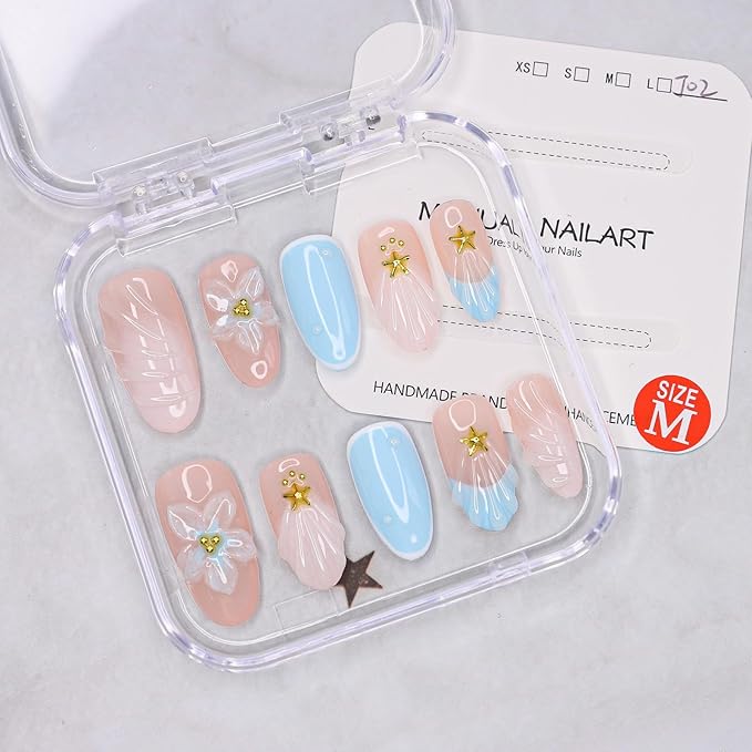 Flower Press on Nails Blue French Stick on Nails Short Almond Fake Nails Set Handmade 3D Flower Starfish Water Ripple Designs Thick Acrylic Nail Full Cover False Nail for Women (Size M)