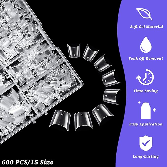 LoveOurHome 600pc French Coffin Nail Tips Clear Fake Nails Short Coffin Gel Nail Tips Half Cover Acrylic Nail Clear Short False Nail 15 Sizes Fingernail for Gel Nail Tip Extension Press Nails DIY