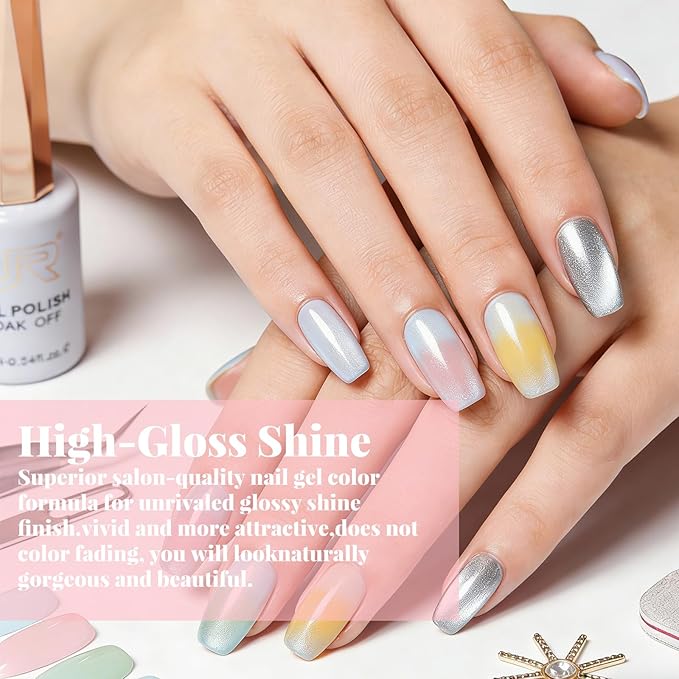 JR Gel Nail Polish Set, 16ml Full Size Bottle 6 Colors Macaron Silver 9D Cateye Nail Gel Polish Gift Soak Off Led Nail Art Kit Salon DIY Colorful Bottle C