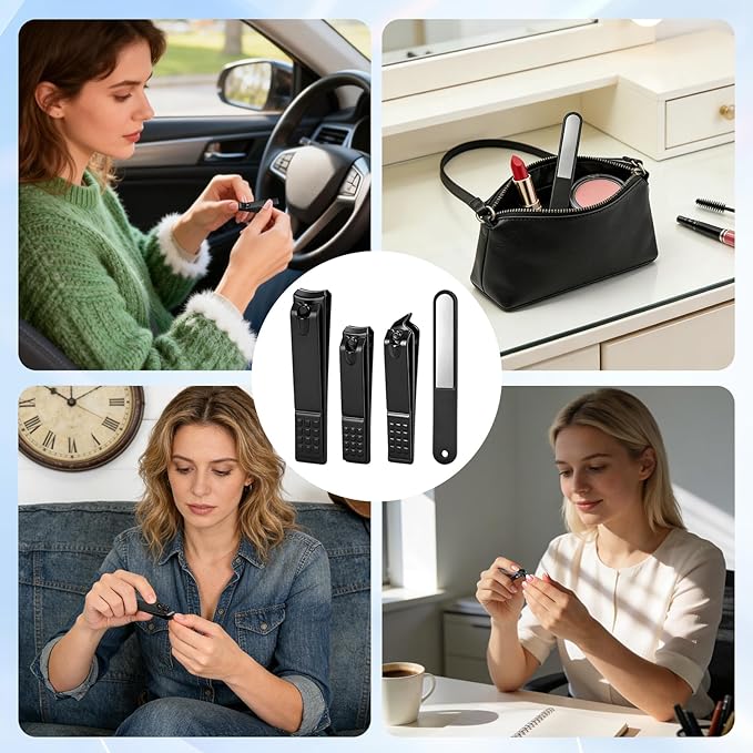 4-Piece Black Stainless Steel Nail Clipper Set, Ultra Sharp with Angled Toenail Clipper & Nail File for Men and Women, Home and Travel Use