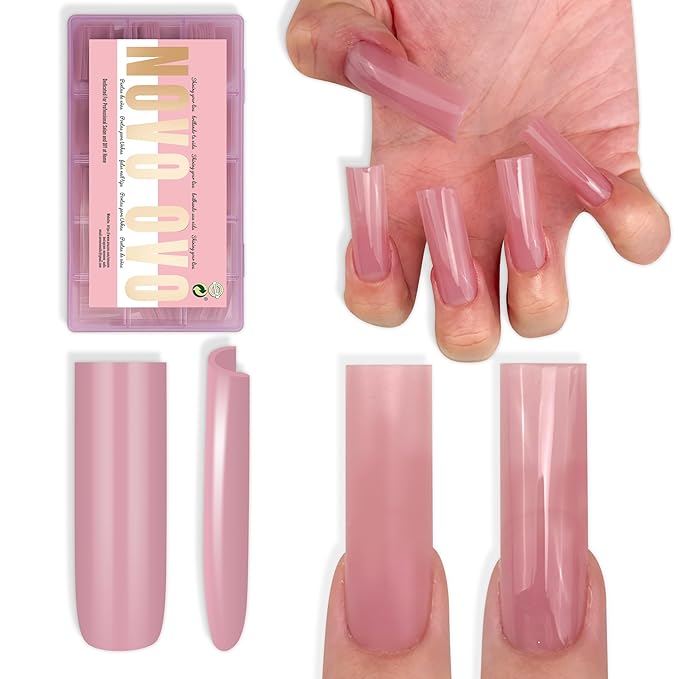 NOVO OVO Long Sharp Square Nail Tips Press on Pure Color BERRY PINK, Extra Thick NEED Builder Gel & Top Coat, Soft Gel Matte Fake Nail Extension, Full Cover False Nails for Salon DIYx 15 Sizes 180 pc