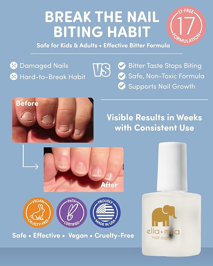 ella+mila "No More Biting" Nail Polish - Bitter Taste Nail Biting Treatment for Kids & Adults - Effective Thumb Sucking Stop for Kids (2-Pack)