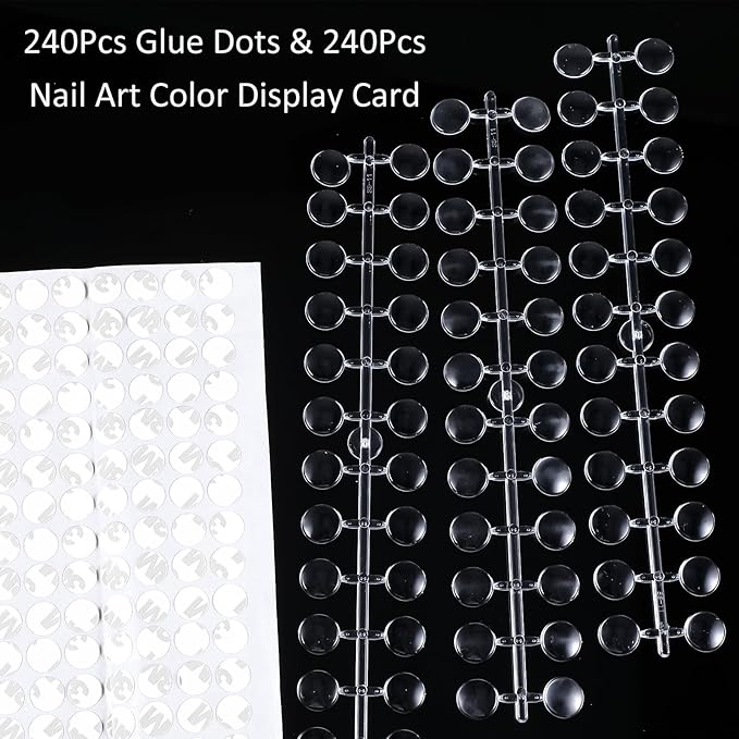 Prasacco 240Pcs Round False Nail Display Tips Clear Nail Art Color Display Chart with Adhesive Sticker Nail Display Card Sticks Nail Color Swatches for Nail Polish Training Practicing Color Displaying