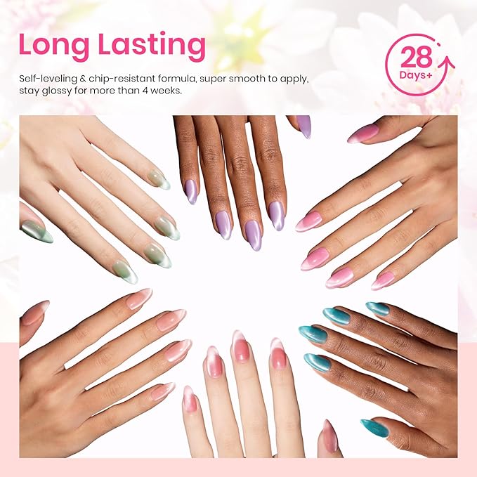 Beetles Cat Eye Gel Nail Polish Set, 6 Colors Pastel Spring Shimmer Glitter Gel Polish Kit Pink Red Blue Orange Green Purple Velvet Gel Soak Off LED UV with Magnet Nail Art DIY Manicure Gift for Women